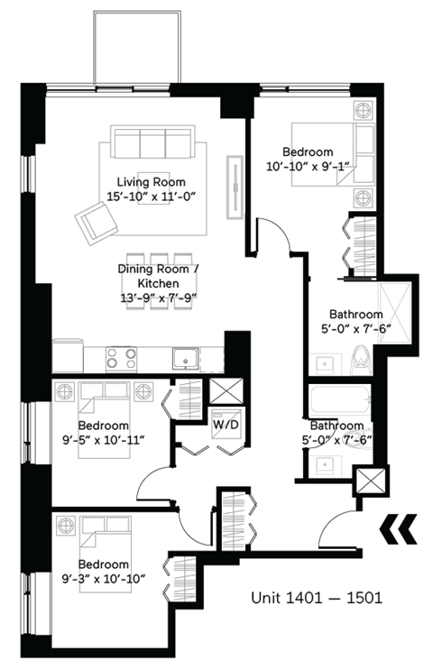 Floor plan for 3 beds, 2 baths, 1210 sqft